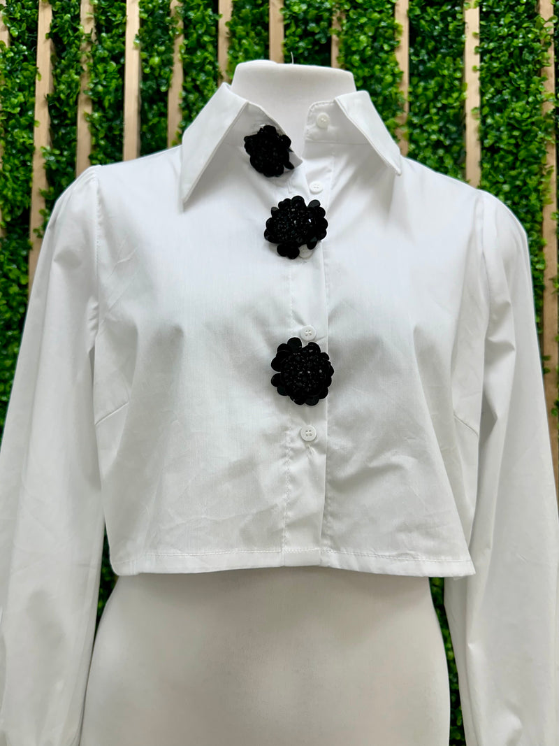 Black Flower Button Crop Blouse