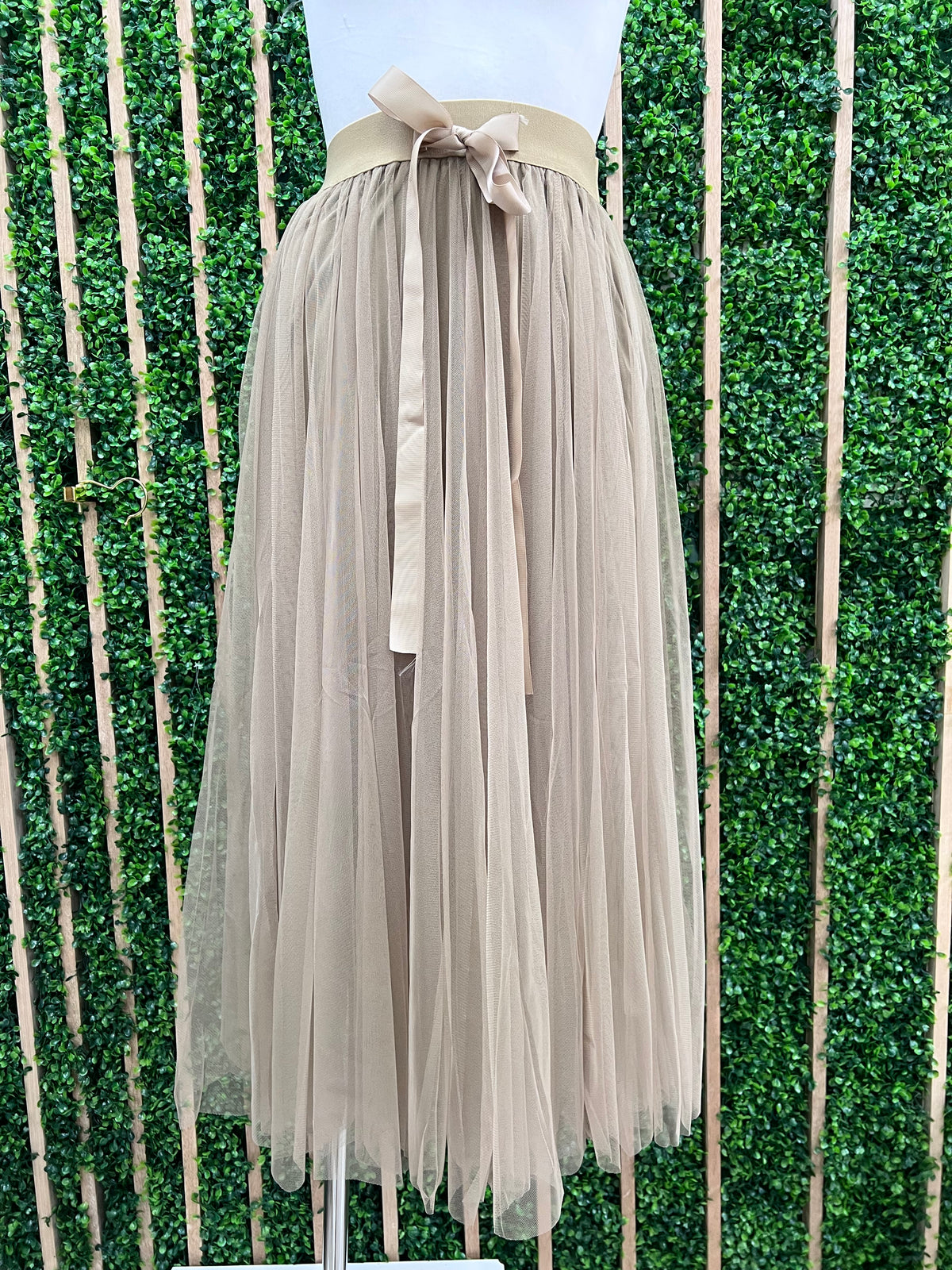 Beige Front Tie Tulle Midi Skirt