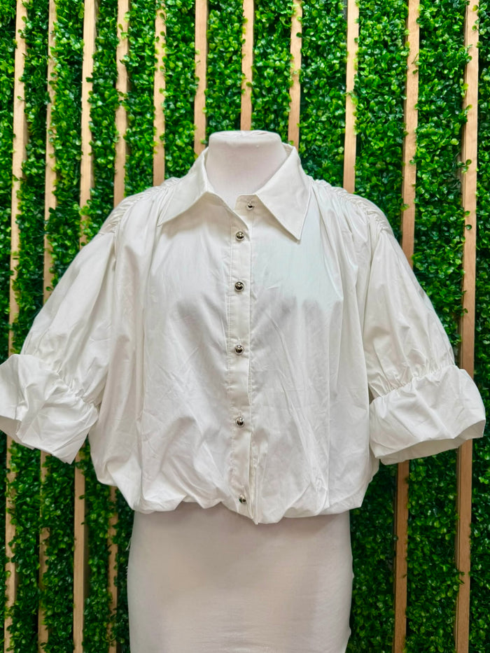 White Bubble Hem Button-Up Blouse – Puff Sleeve Shirt
