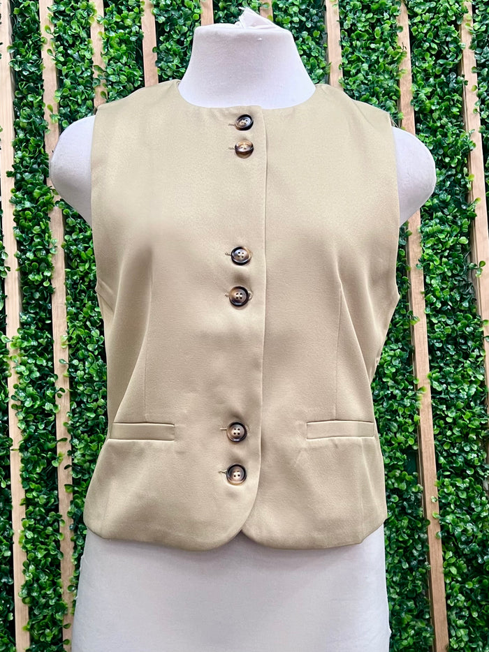 Beige Button-Down Round Neck Vest