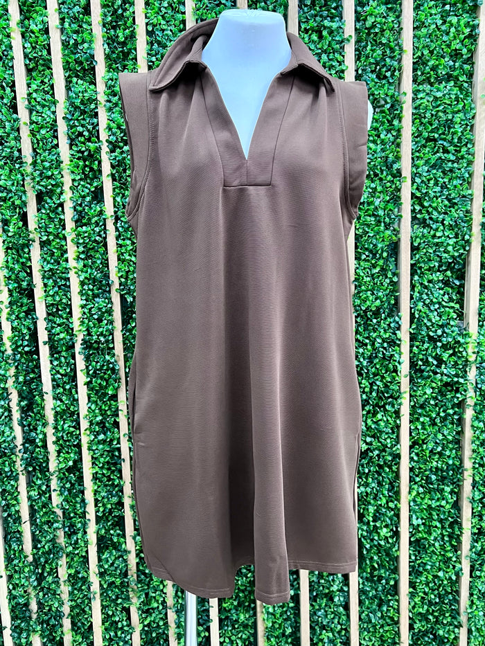 Solid V Neck Collared Short Dress