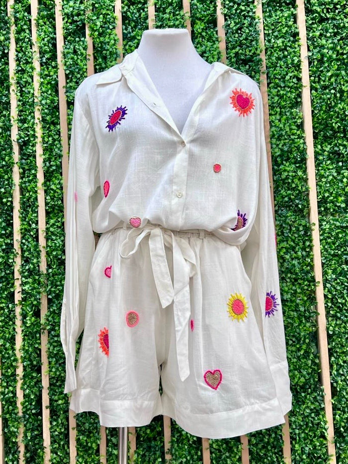 Tropical Embroidered Blouse Pant Set