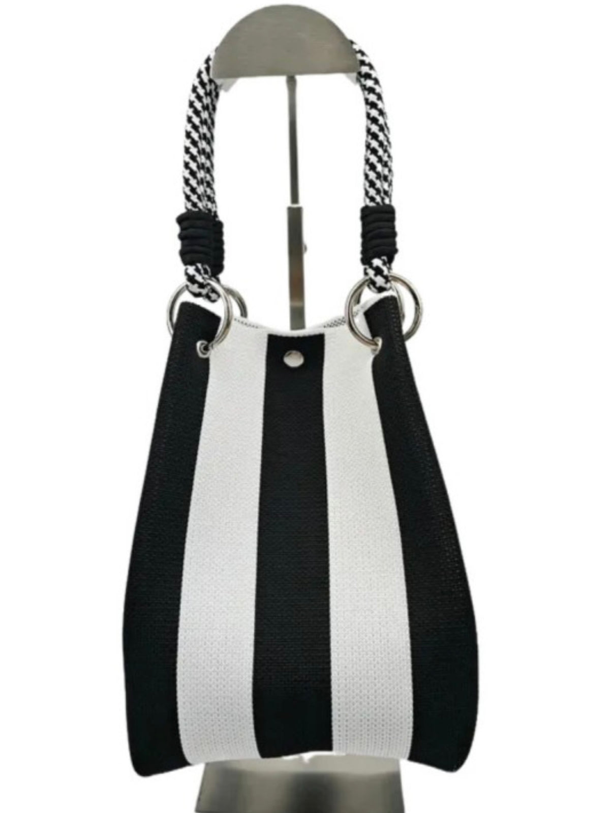 Striped Ring Clasp Woven Bucket Bag