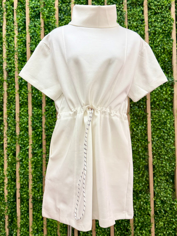 Off White Roll Neck Drawstring Waist Short Dress