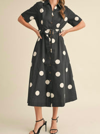 Black Polka Dot Button Down Blouse Midi Dress