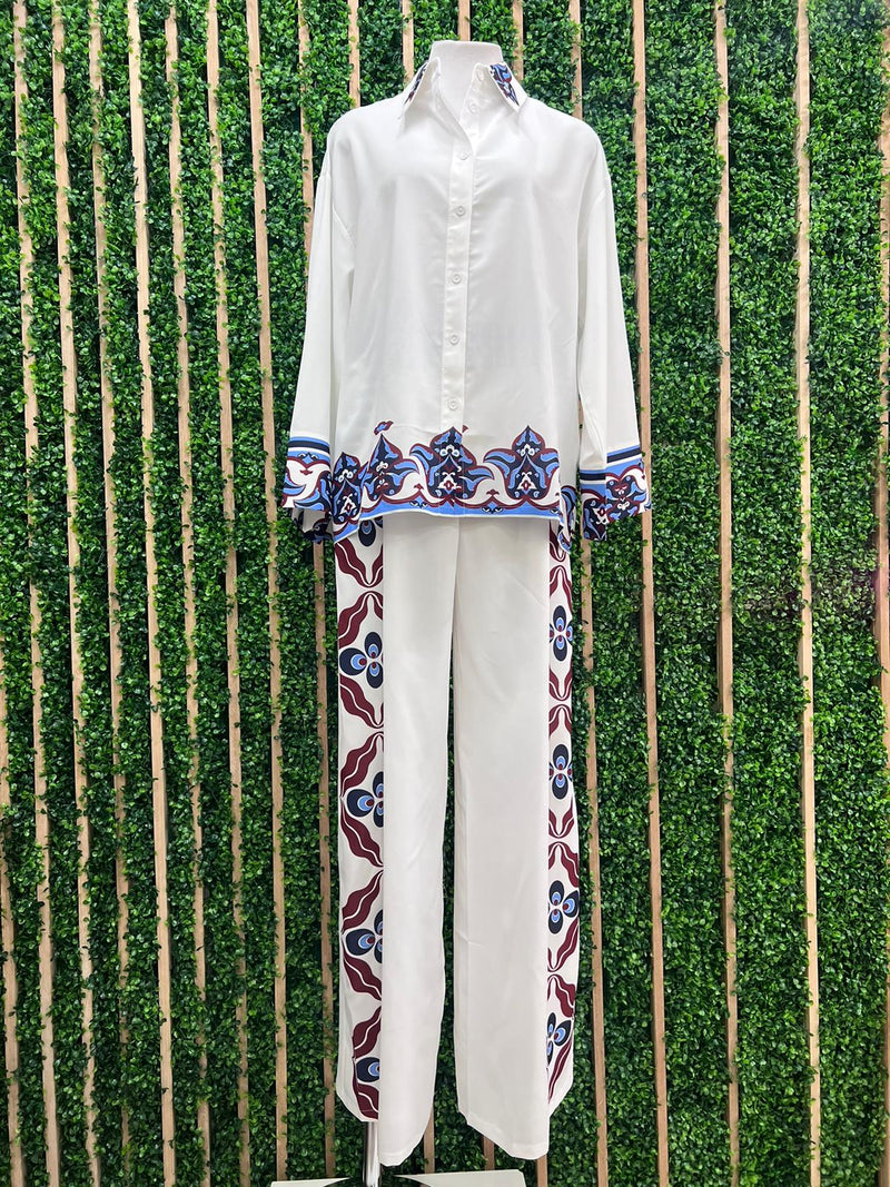 Beautiful White Side Deco Print Wide Leg Pant