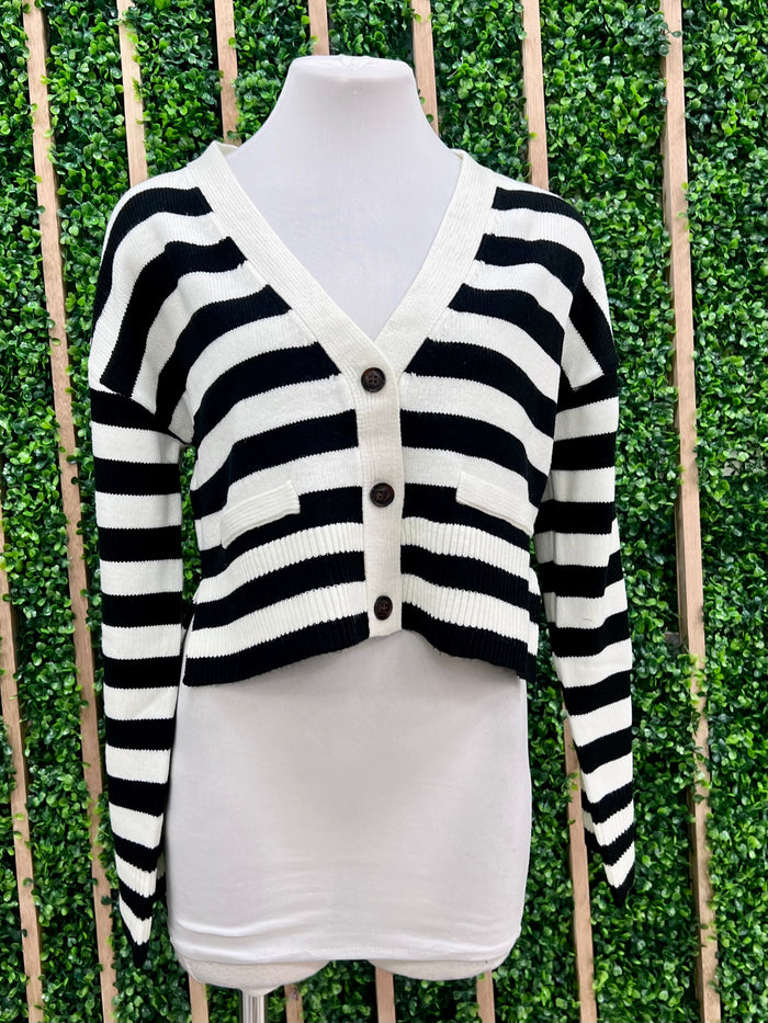 Black Stripe Long Sleeve Button Down Cardigan