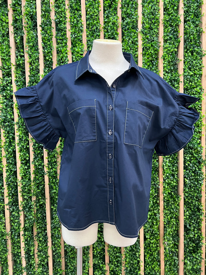 Stitch Detail Angel Sleeve Button Down Blouse