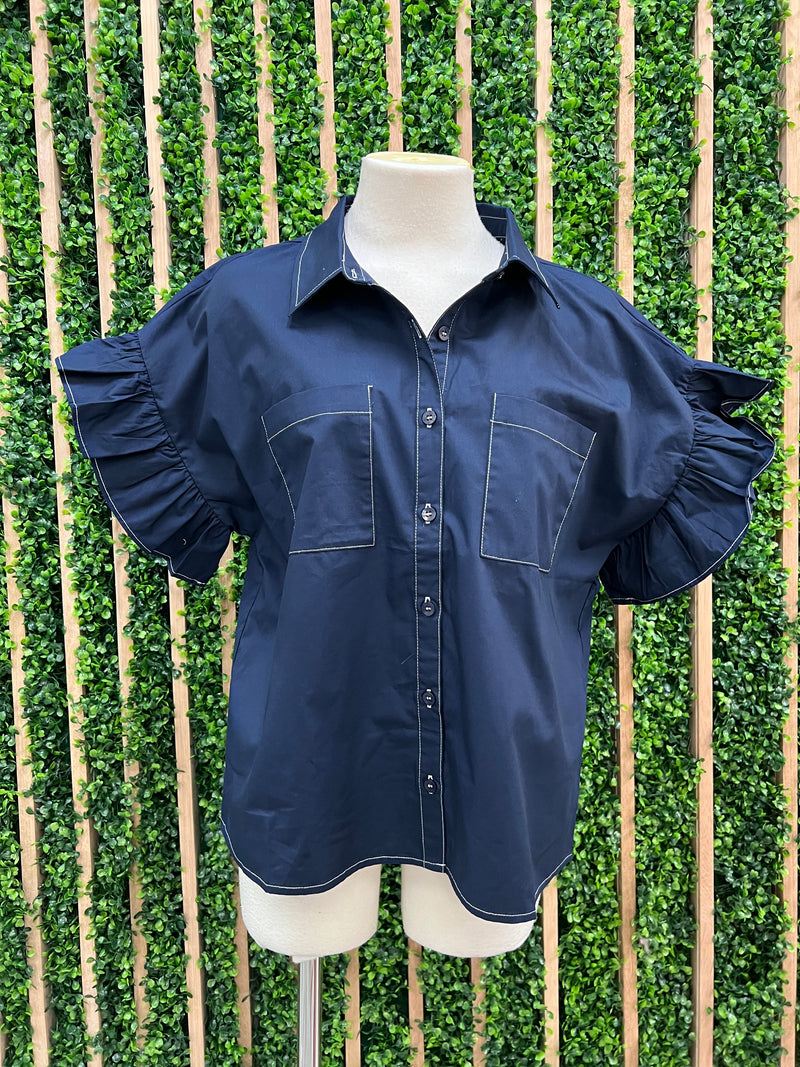Stitch Detail Angel Sleeve Button Down Blouse