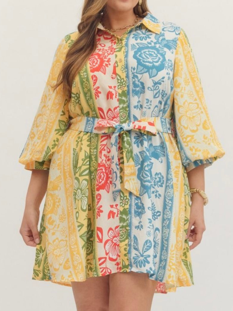 Multi Paisley Panel Ballon Sleeve Short Dress