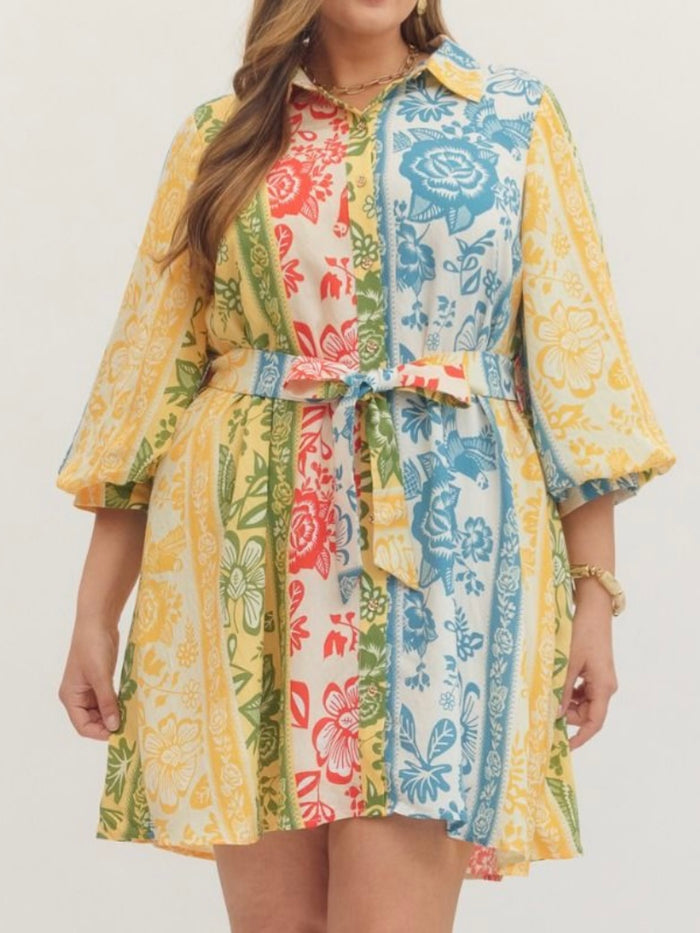 Multi Paisley Panel Ballon Sleeve Short Dress