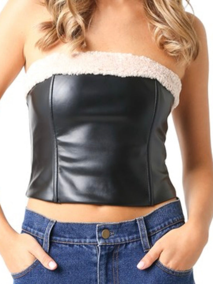 Sherpa Trim Black Pleather Strapless Top