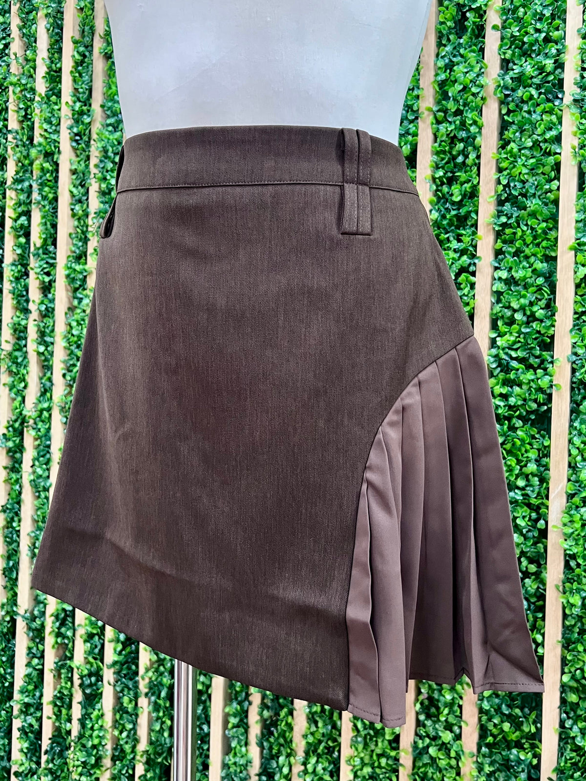 Brown Contrast Pleating Double Belt Loop Mini Skirt