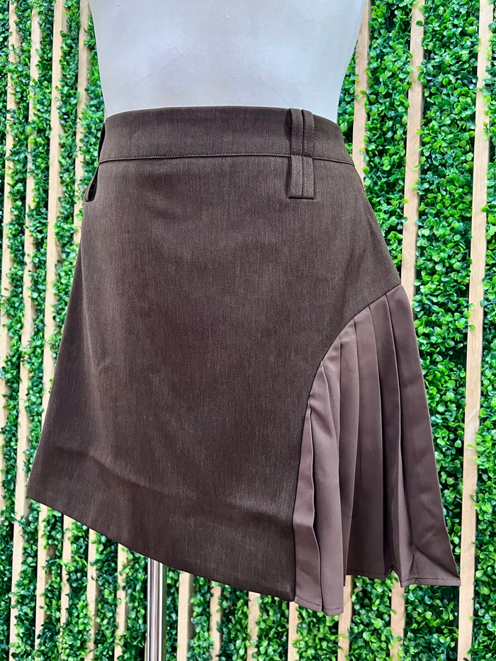 Brown Contrast Pleating Double Belt Loop Mini Skirt
