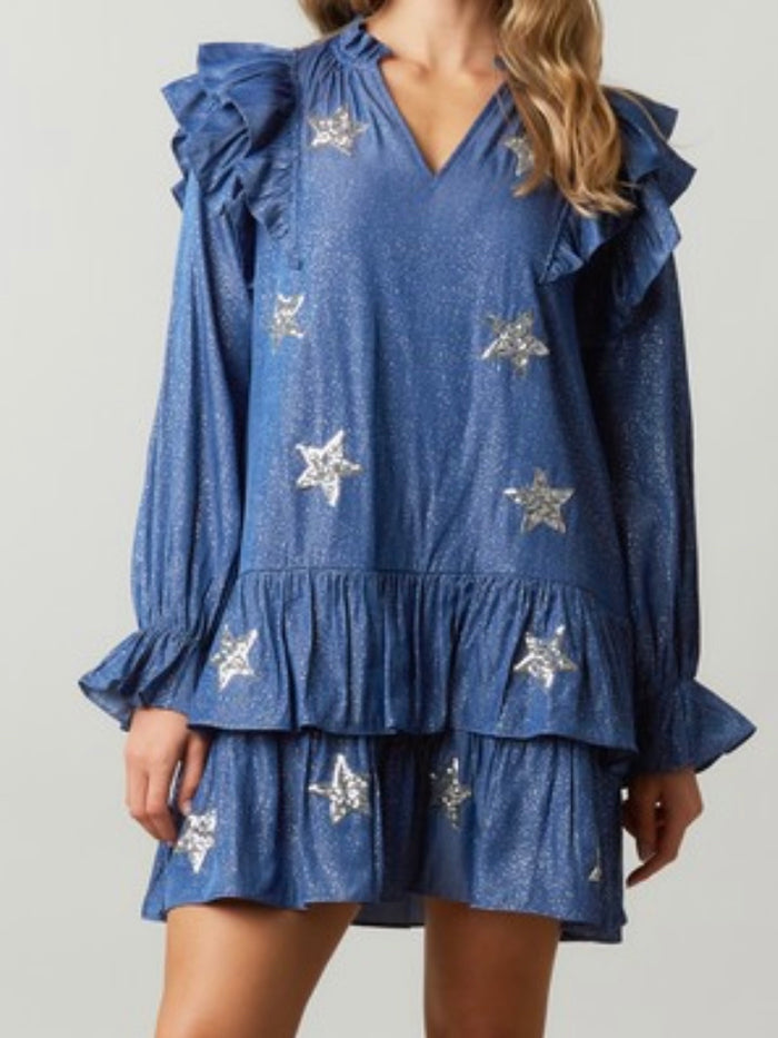 Sparkly Star Ruffled Dropwaist Denim Dress