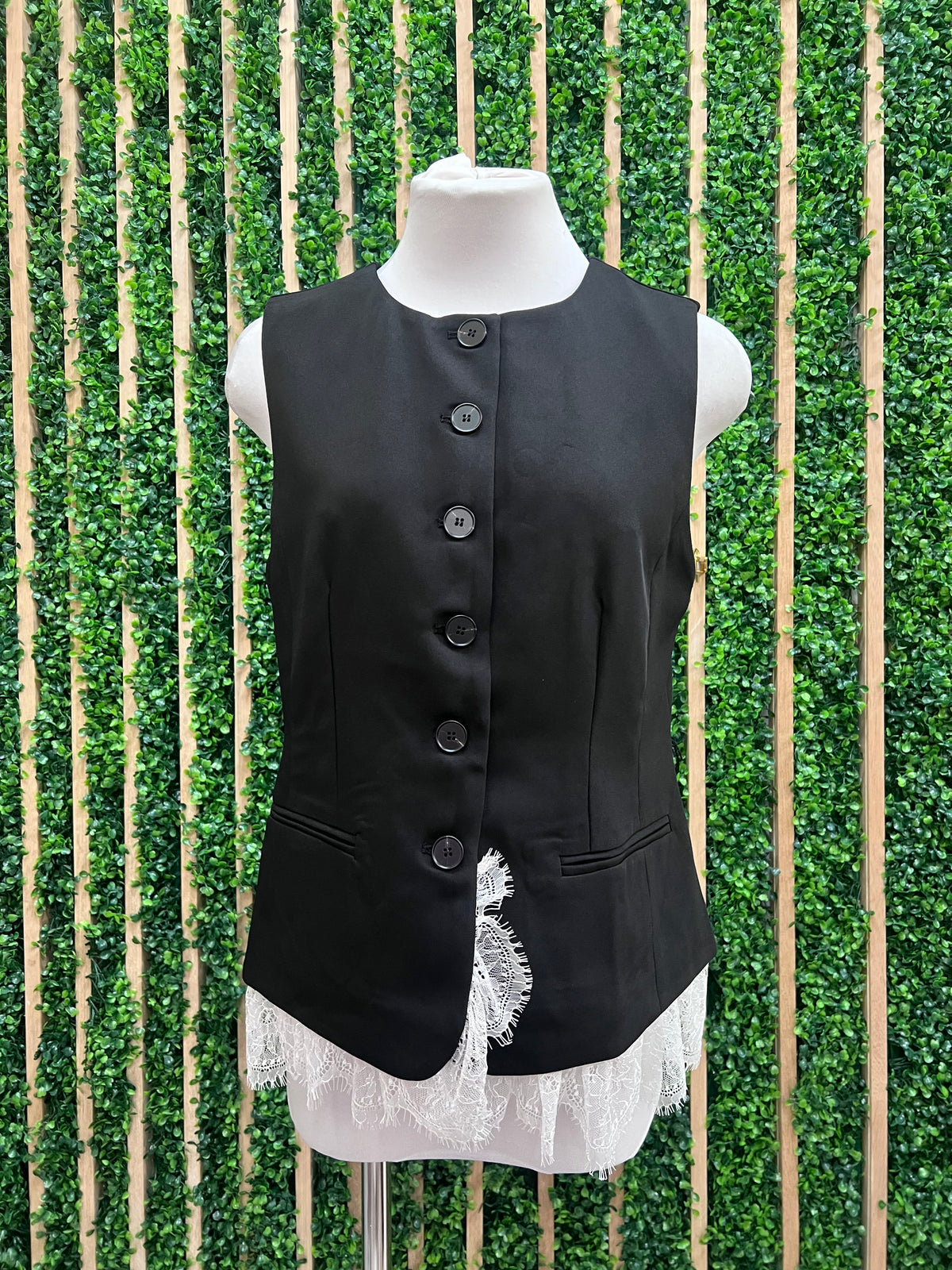 Black Soft Woven Structured Vest With Contrast Bottom Lace