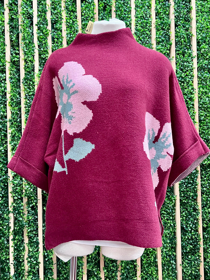 Wine Floral Knit Sweater Top