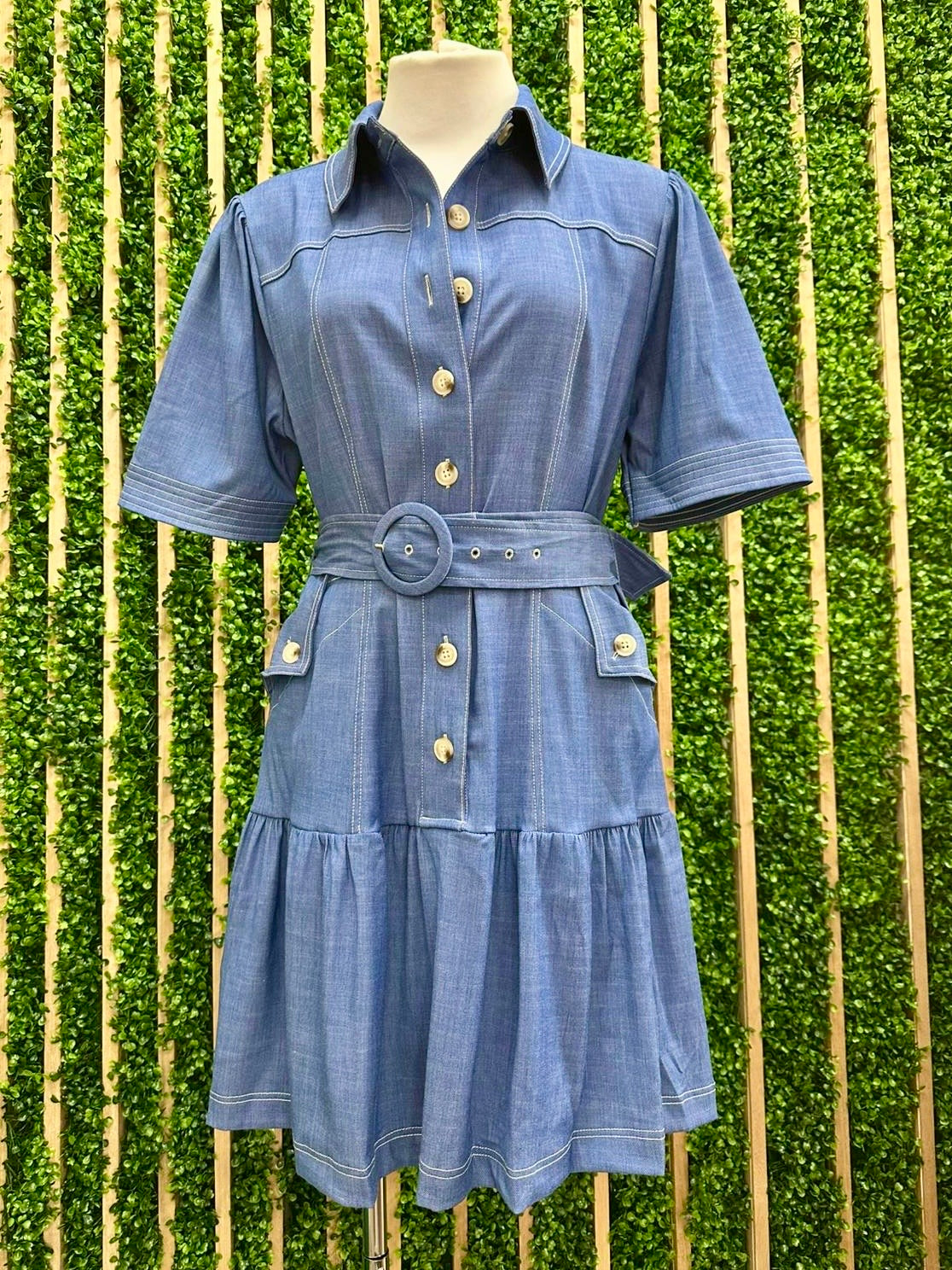 Blue Tencel Shirt Drop Waist Short Dress