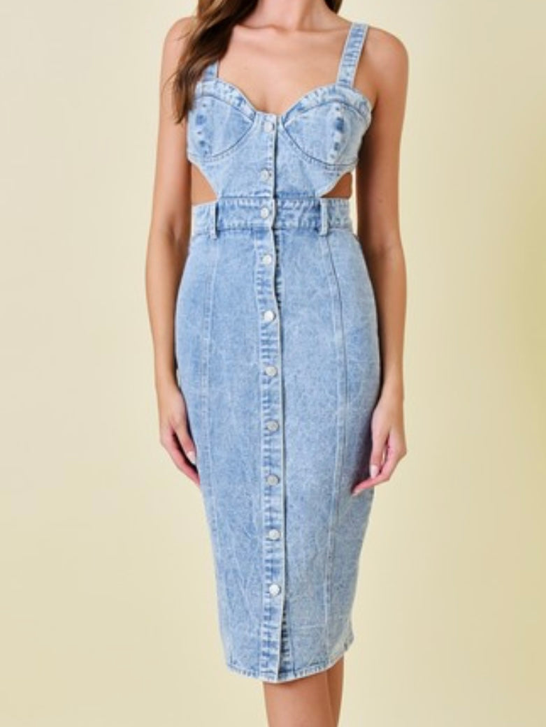 Mineral Wash Denim Cutout Midi Dress