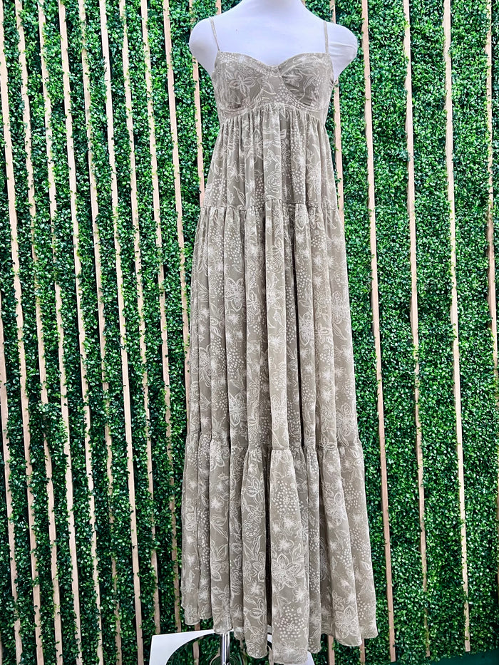 Green Pink Floral Open Back Maxi Dress