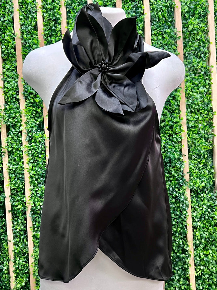 Black 3D Satin Flower Detail Top