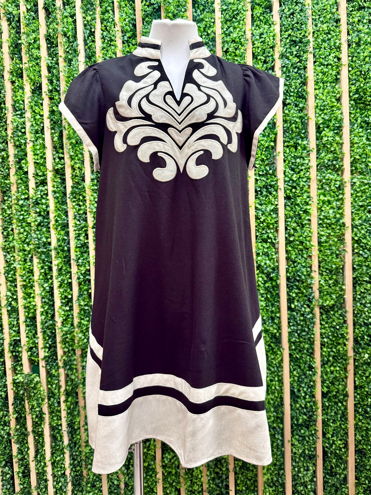 High Neck Embroidered V Neck Short Dress