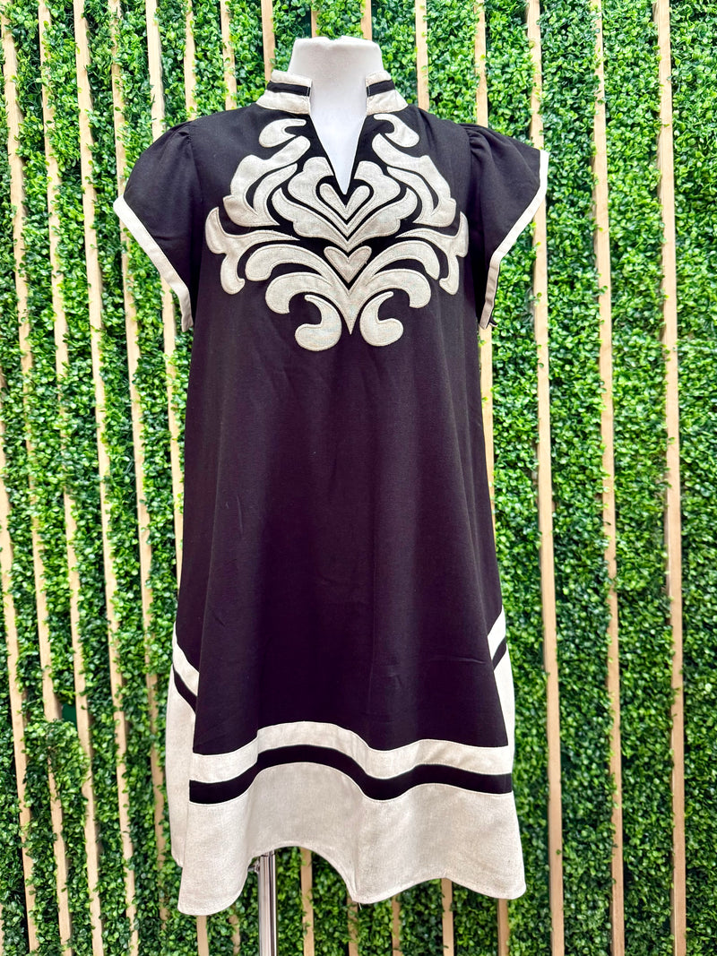 High Neck Embroidered V Neck Short Dress