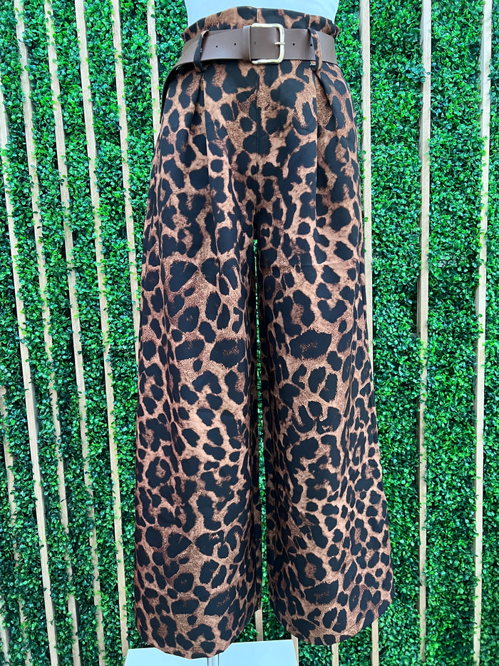 Tiger Print Belted Wide Leg Pants