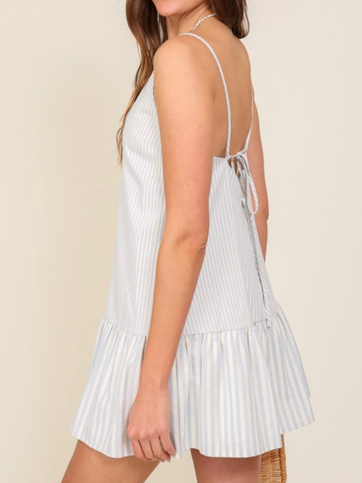 Ivory Blue Striped Cami Drop Waist Short Dress