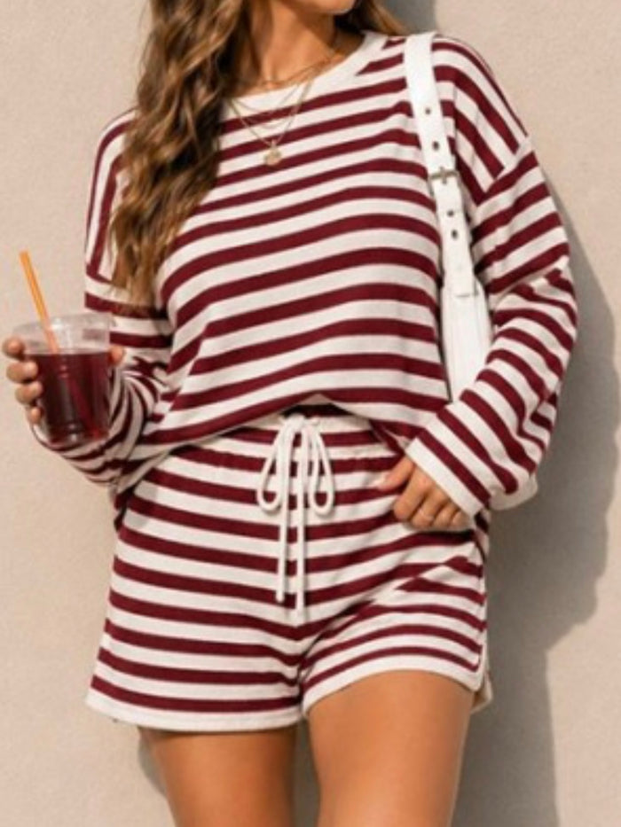 Brown & Ivory Striped Long Sleeve Shorts Set