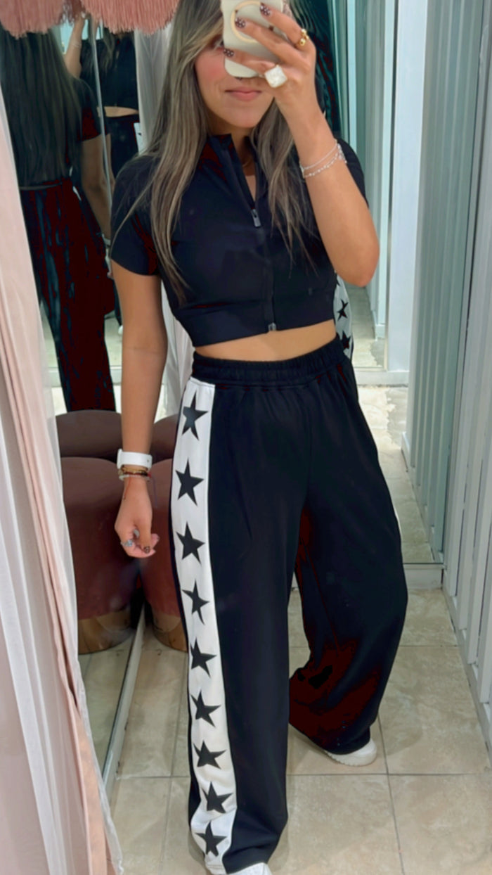 Black Side Star Trim Wide Leg Pant