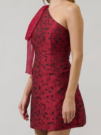 Red Bow Detail Jacquard One Shoulder Short Dress