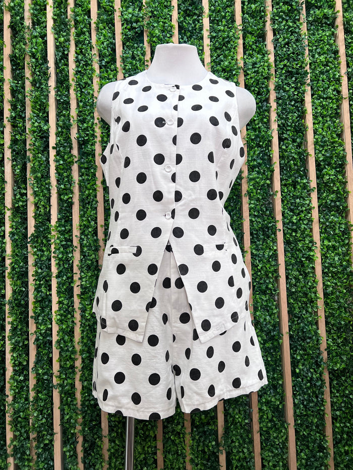 White Black Polka Dot Linen Short