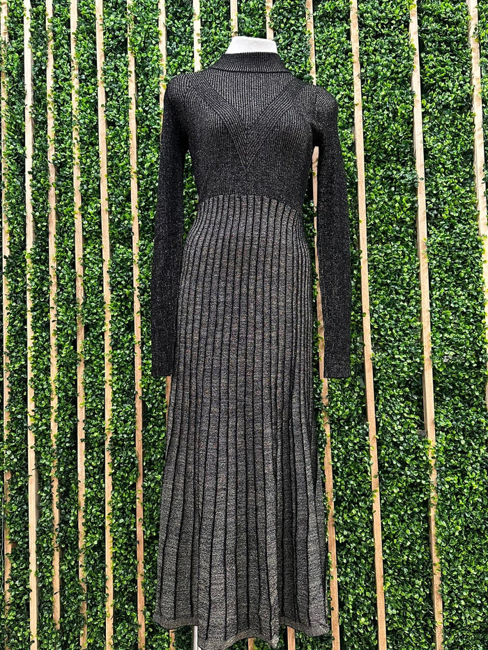 Black Metallic Long Sleeve Knitted Midi Dress