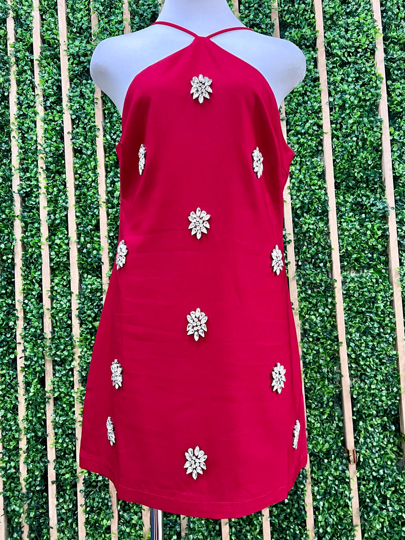 Red Gem Embellished Halter Short Dres