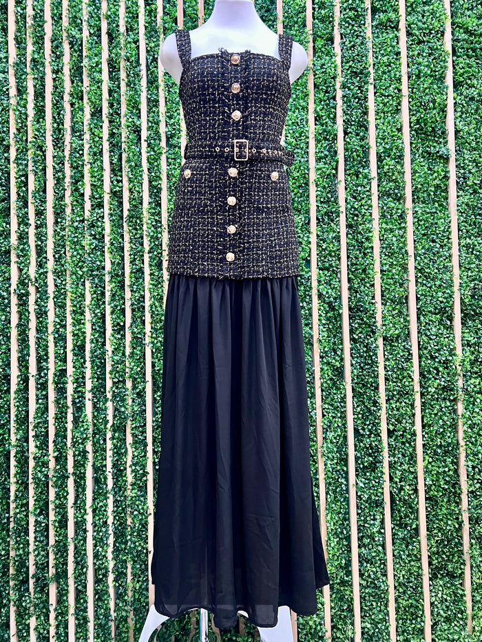 Exquisite Black Sequined Tweed Long Dress