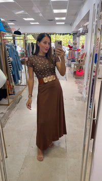 Brown Satin Belted Maxi Skirt