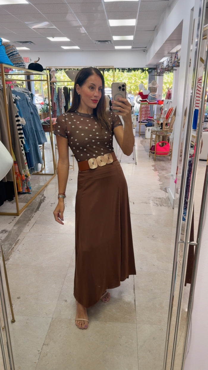 Brown Satin Belted Maxi Skirt