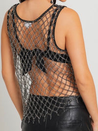 Black Rhinestone Mesh Sleeveless Top