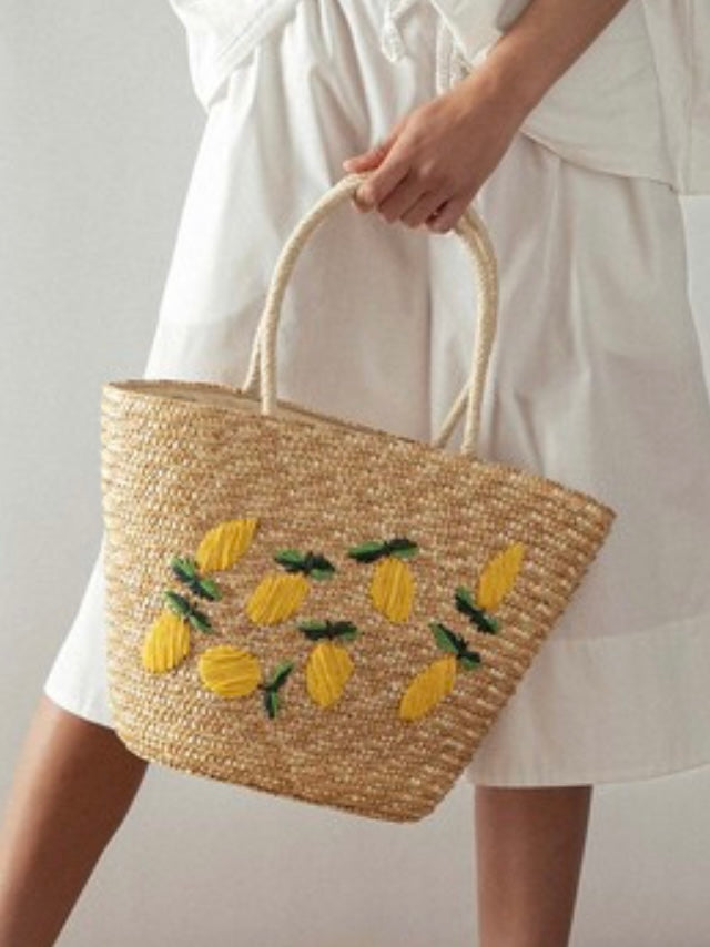 Lemon Embroidered Raffia Bag