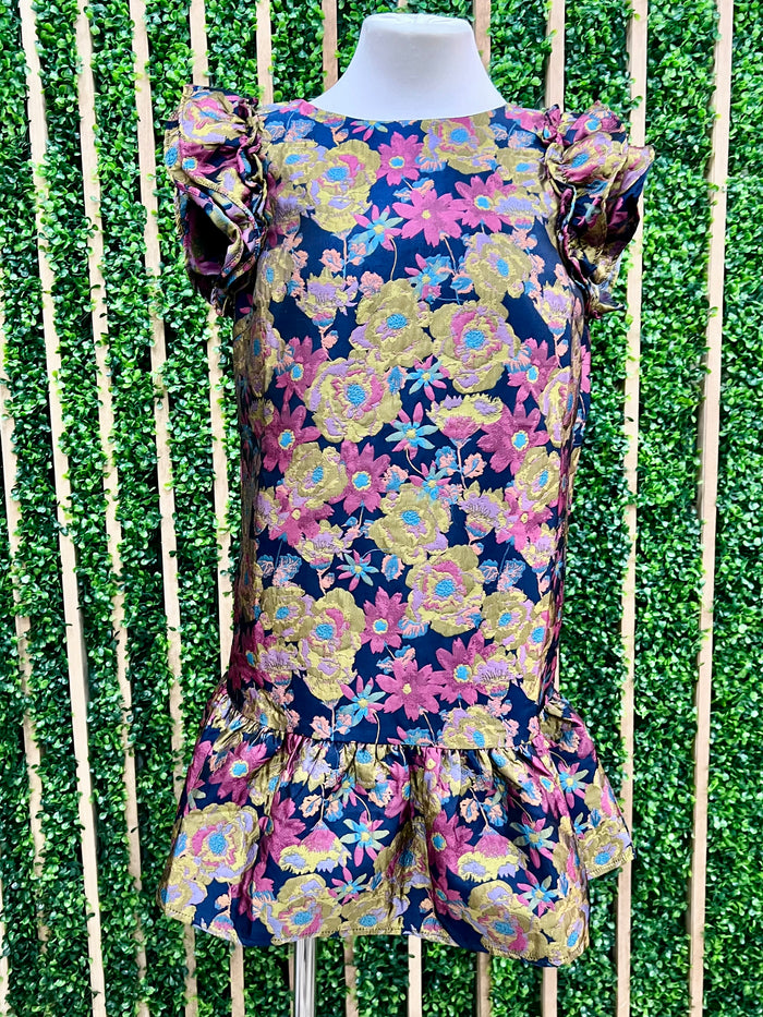 Jacquard Navy Floral Dropwaist Short Dress