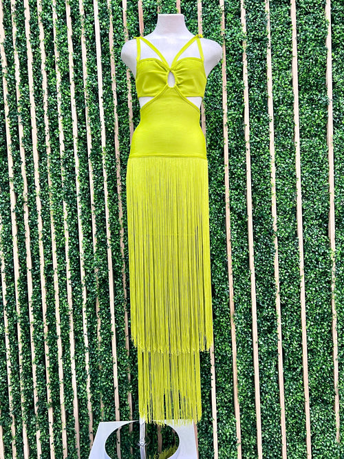 Exquisite Citron Green Fringe Bandage Cutout Midi Dress