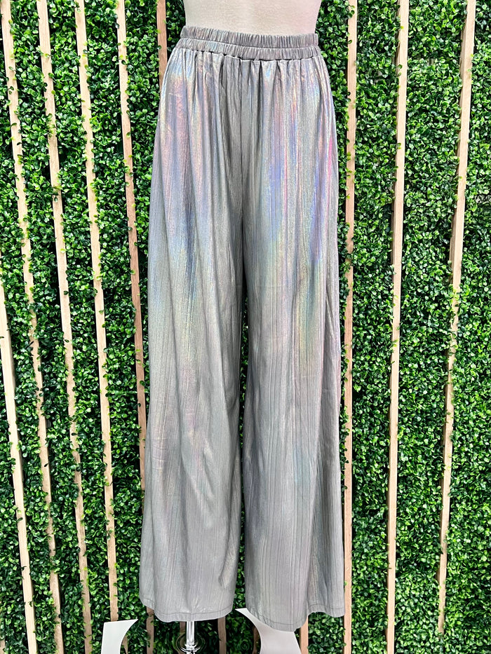 Smocked Waist Metallic Wide Leg Pants