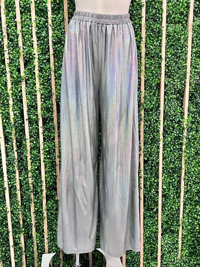 Smocked Waist Metallic Wide Leg Pants