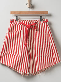 Red Striped Frayed Denim Shorts