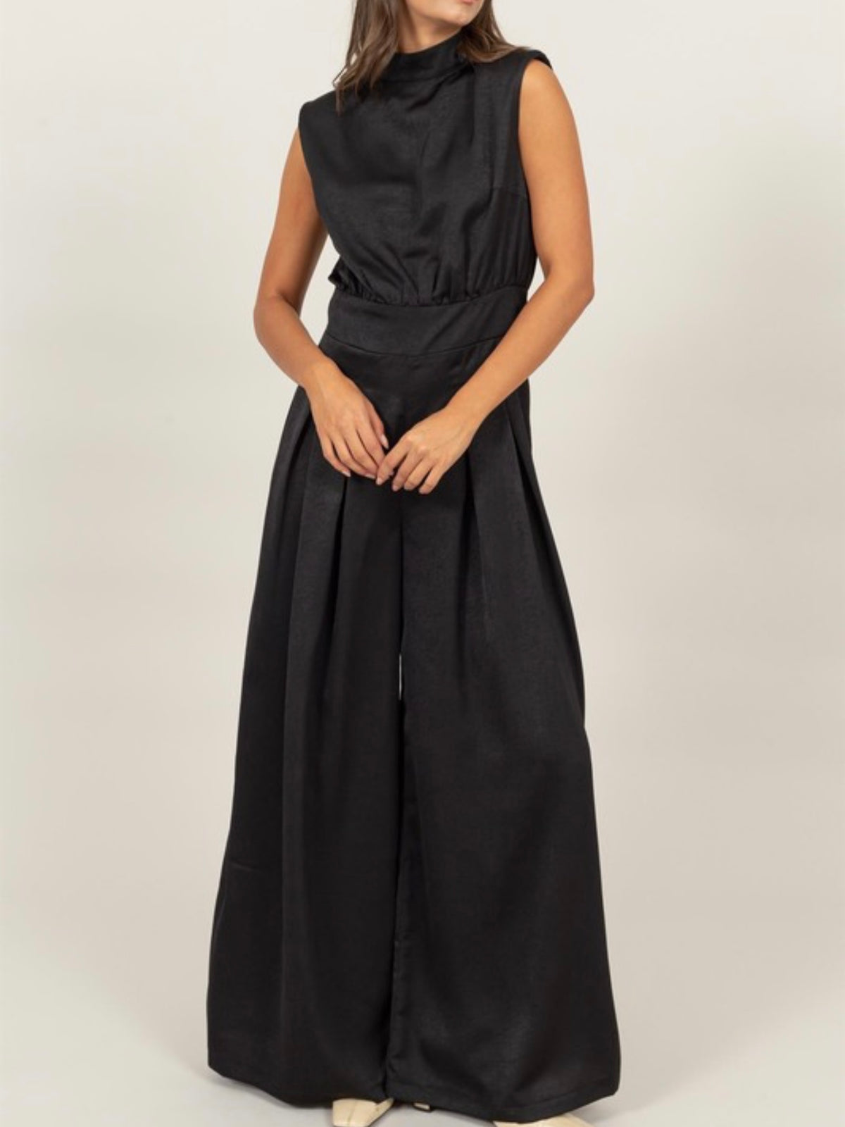 High Neck Sleeveless Wide Leg Satin Jumpsuit