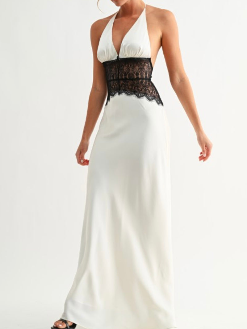 Beautiful Lace Illusion Halter Maxi Dress