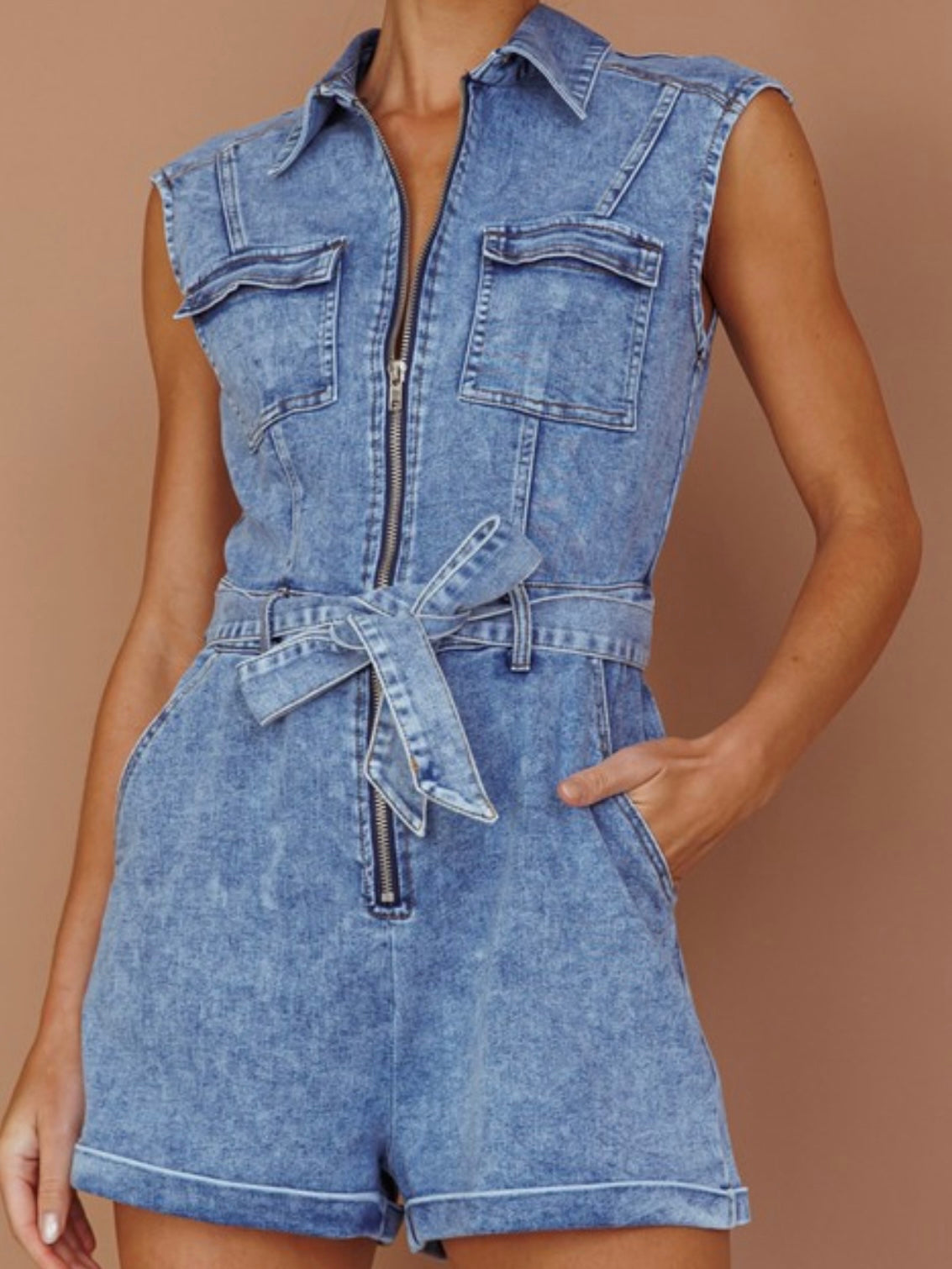 Belted Zipper Denim Romper