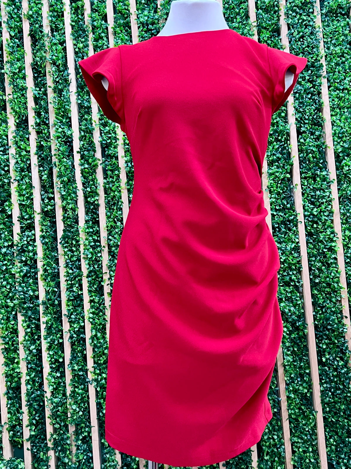 Round Neck Flutter Cap Sleeve Ruched Detail Dress