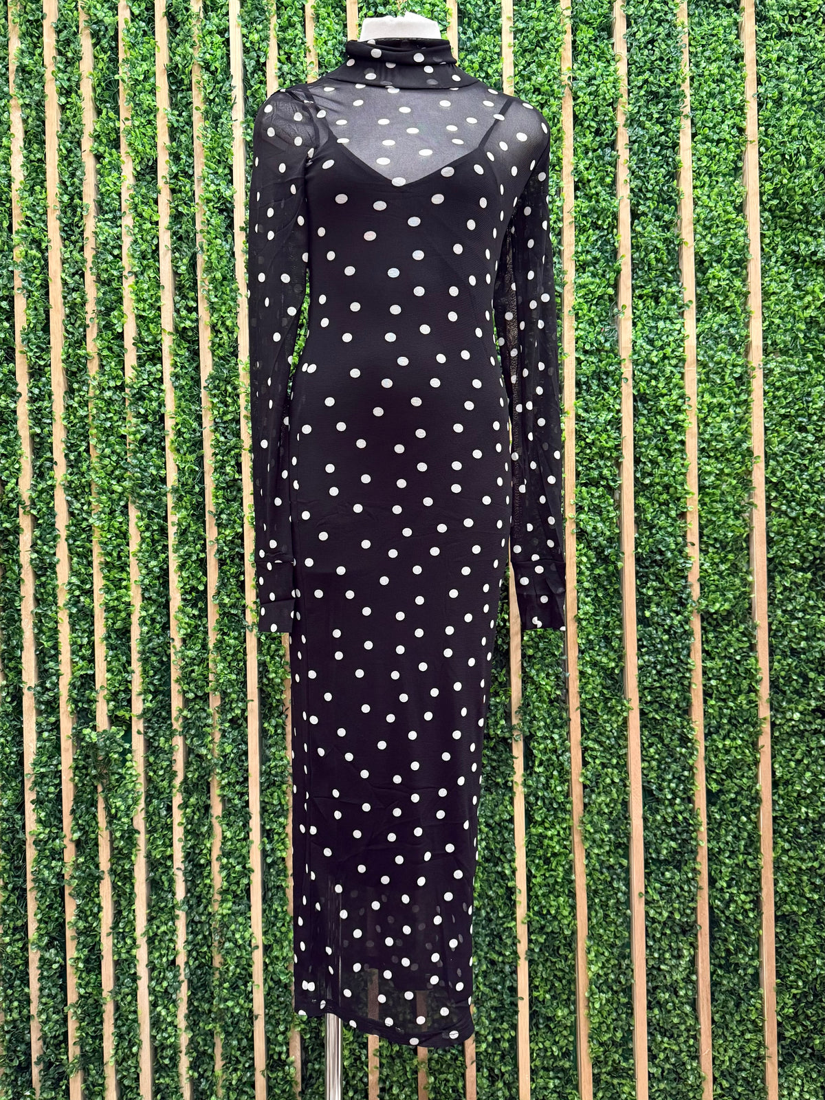 Black Polka Dot High Neck Mesh Midi Dress
